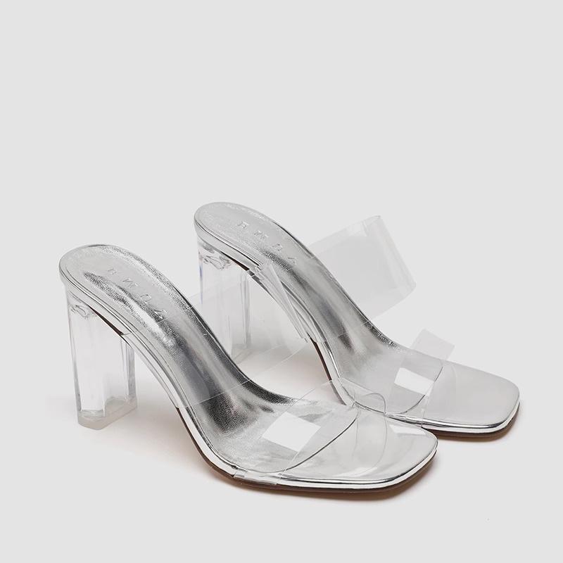 サンダル レディース 羊革 シルバー ラメ入り ミュール チャンキーヒール 透明 クリアヒール スリッパ ..
