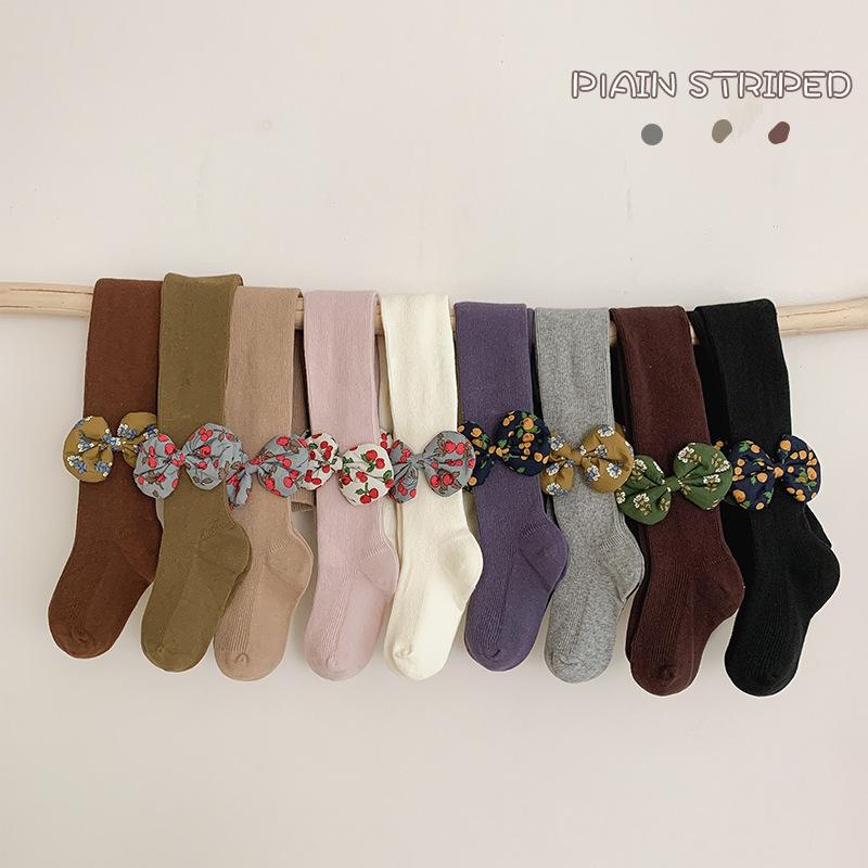 キッズ ベビー タイツ ストッキング 春秋用 綿 無地 かわいい 女の子 女児 子供 幼児 園児 おしゃれ 防寒 リブ編み 黒 ピンク グレー ブラウン カーキ ホワイト パープル 70 80 90 100 110 120 130 140cm