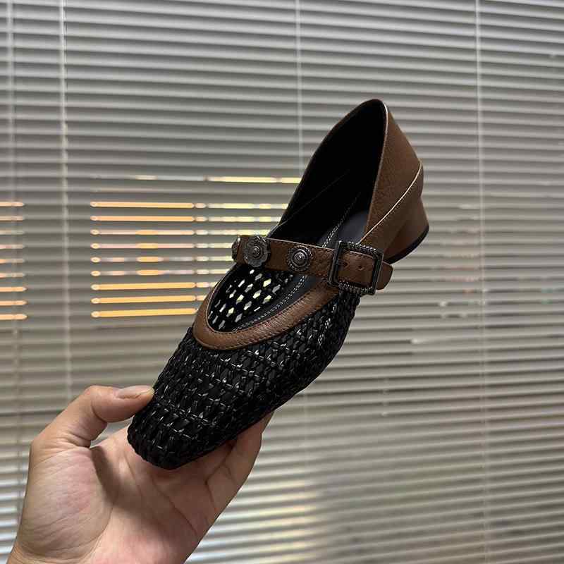 サンダル レディース 粗めミドルヒール ファッション 編み込み ストラップ スクエアトゥ 羊革 通勤 3cm..