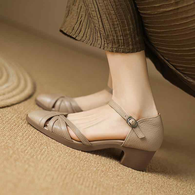 サンダル レディース 羊革 中空 ラウンドトゥ バックストラップ 太ヒール ミドルヒールdefaults