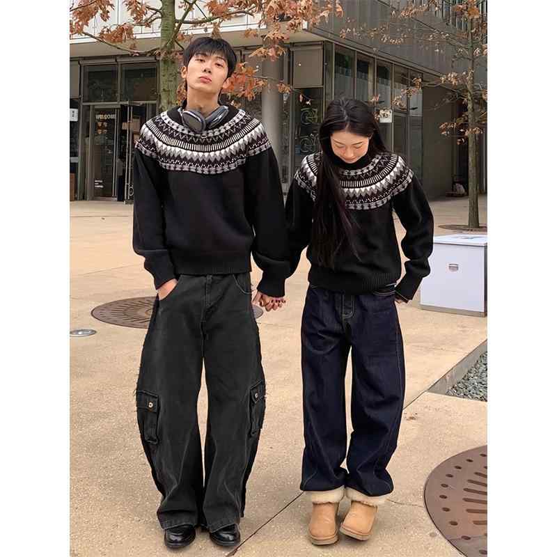 ニット メンズ ニットトップス フェアアイル柄 クルーネック 長袖 プルオーバー ゆったり ポリエステル 秋冬 ブラック 黒 ホワイト 白 高品質 普段使い デイリー