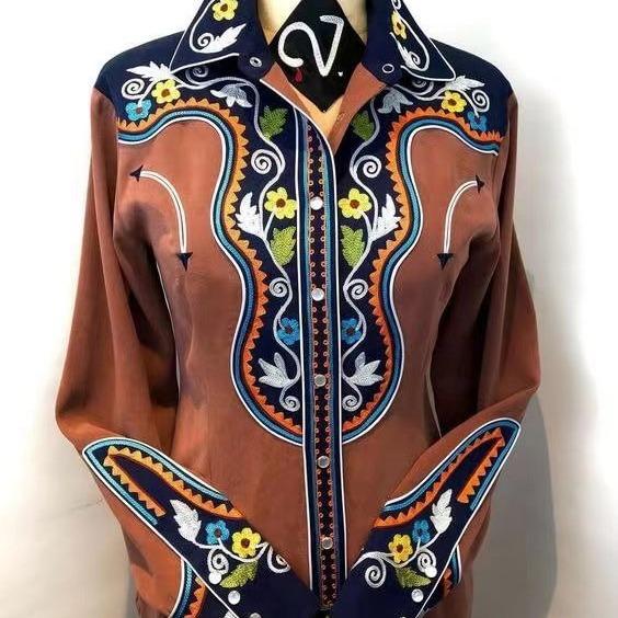 シャツ レディース ウエスタン調 幾何学模様 プリント柄 トップス 長袖 コットン ポリエステル 開襟シ..