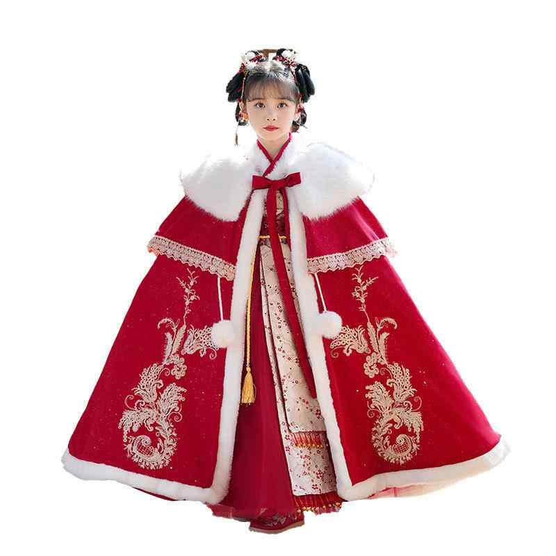 キッズ ポンチョ ケープ 中華風 春秋冬 女の子 お正月 発表会 習い事 防寒 あったか 裏地付き レッド 1..