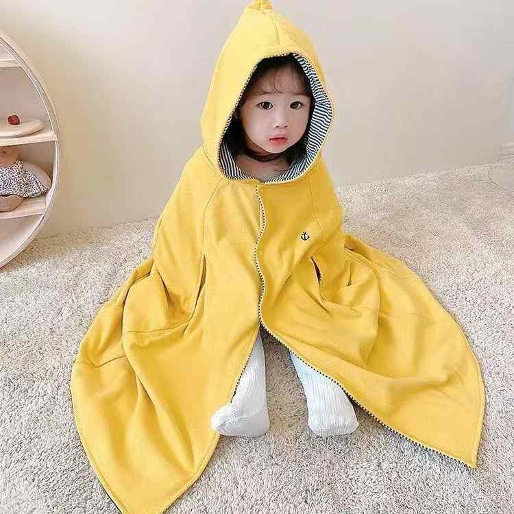 ベビー ポンチョ 春秋 ベビーケープ 防風 厚手 綿製 新生児 男女兼用 アウター おくるみ 黄色 無地 か..