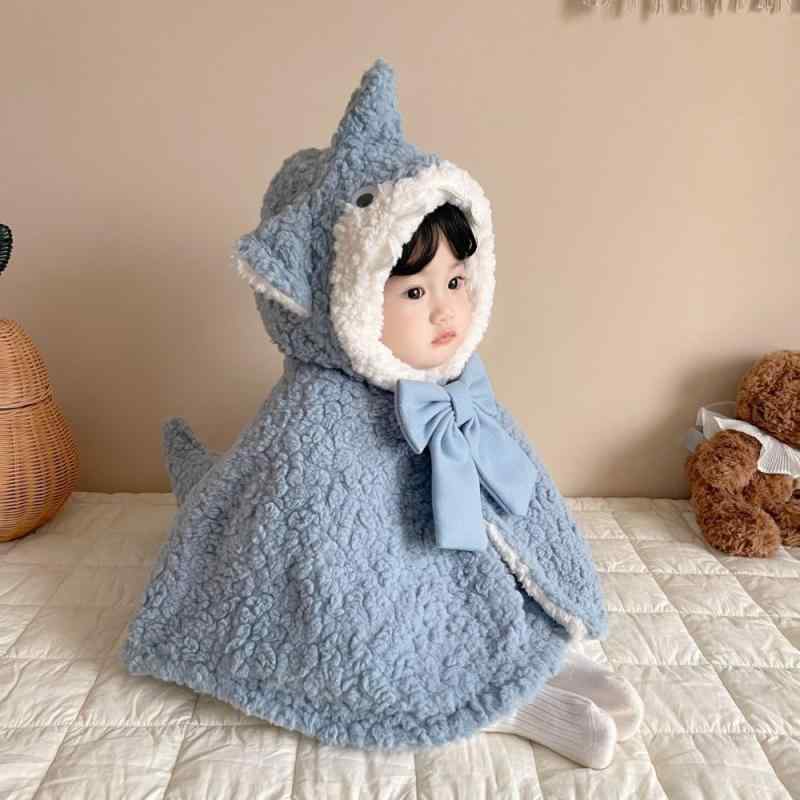 ベビー ポンチョ 秋冬 厚手 裏起毛 サメ 魚 フード付き 男の子 女の子 防寒 かわいい
