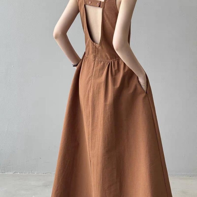 ワンピース レディース Aライン ノースリーブ ロングワンピース 膝下 無地 ポリエステル ストリート風 ..