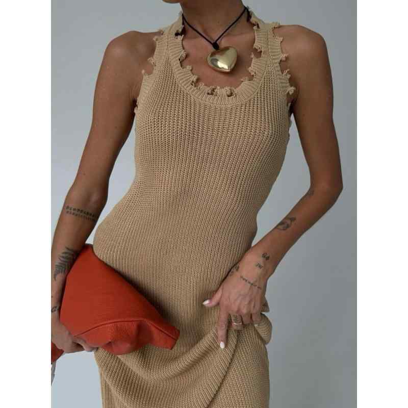 ワンピース レディース ニットワンピース ロングワンピース ノースリーブ 高腰 Aライン 無地 裾ダメージ加工 ブラック カーキ色 個性派 おしゃれ ストリート カジュアル