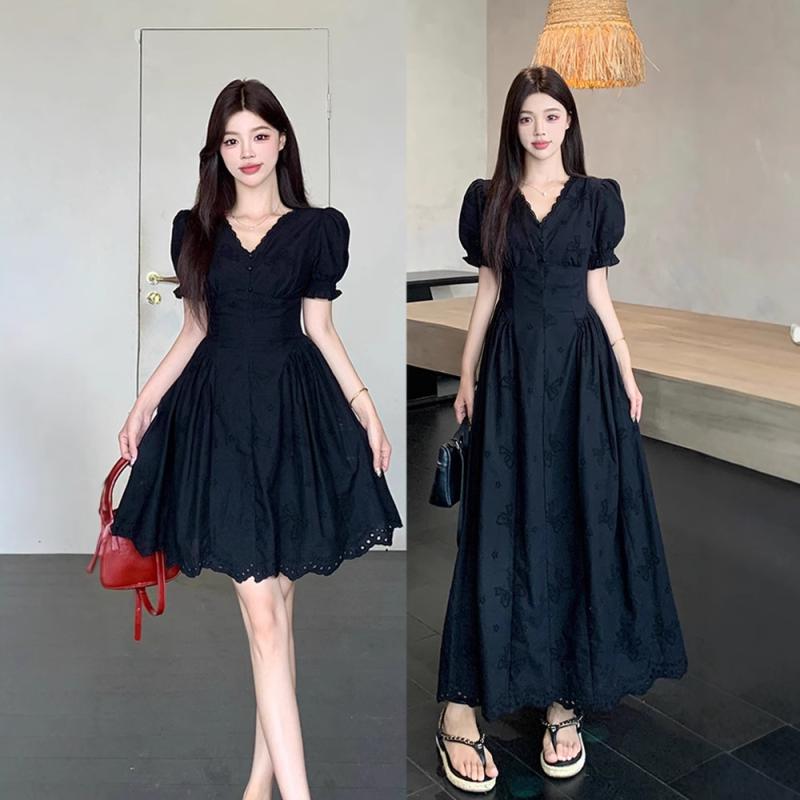 ワンピース レディース 大きいサイズ Aライン 膝丈 パフスリーブ 半袖 無地 ポリエステル 切り替えデザイン Vネック ブラック ミディ丈 通勤