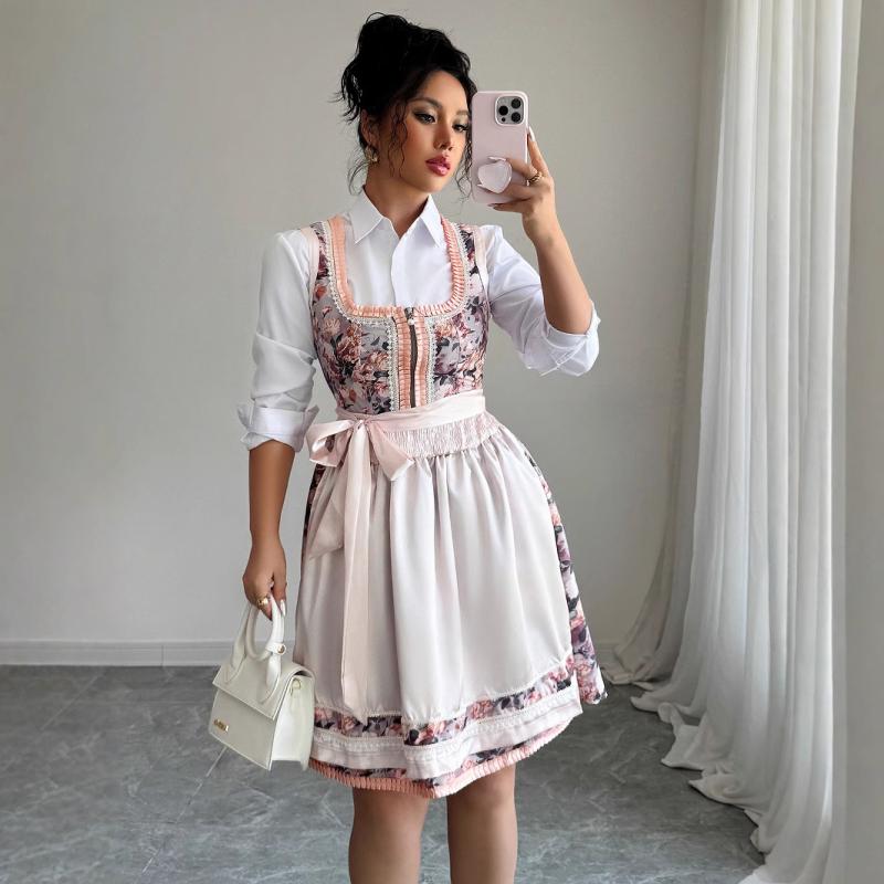 ワンピース レディース 春夏 花柄プリント 高腰 ノースリーブ Uネック Aライン エレガント パーティー ドレス ピンク系