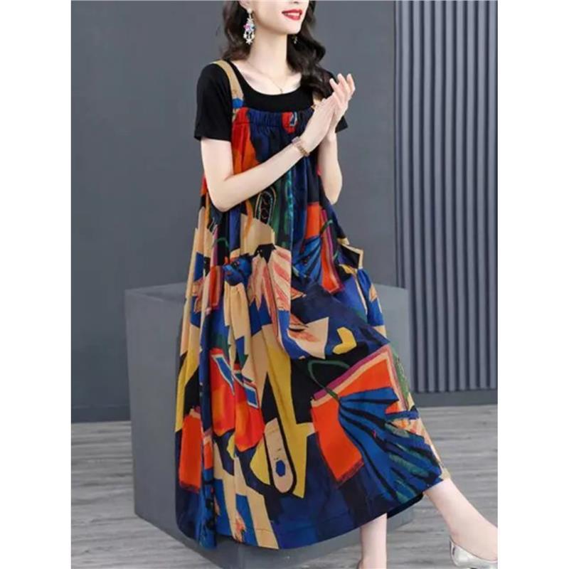 ワンピース レディース 大きいサイズ ゆったり 花柄 Aライン ロング丈 半袖 Tシャツ付き 2点セット 春..