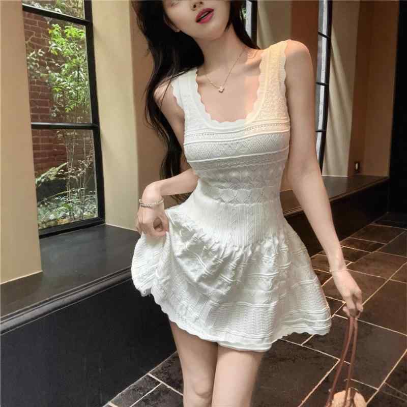 ワンピース レディース 春夏 Aライン ミニワンピース ポリエステル ホワイト 白 ブラック 黒 無地 ノースリーブ Uネック 襟レース 高腰 おしゃれ かわいい ガーリー フェミニン デート 普段使い