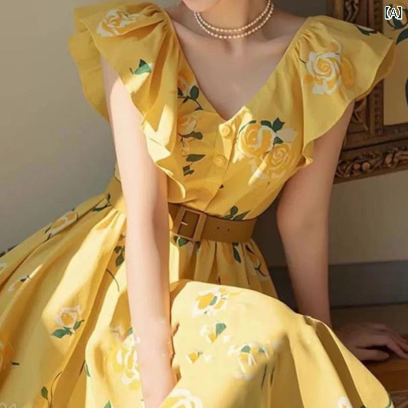 ワンピース レディース 春夏 Vネック 半袖 花柄 高腰 絞り柄 ポリエステル リゾート ミディ丈 個性派 ストリート カジュアル