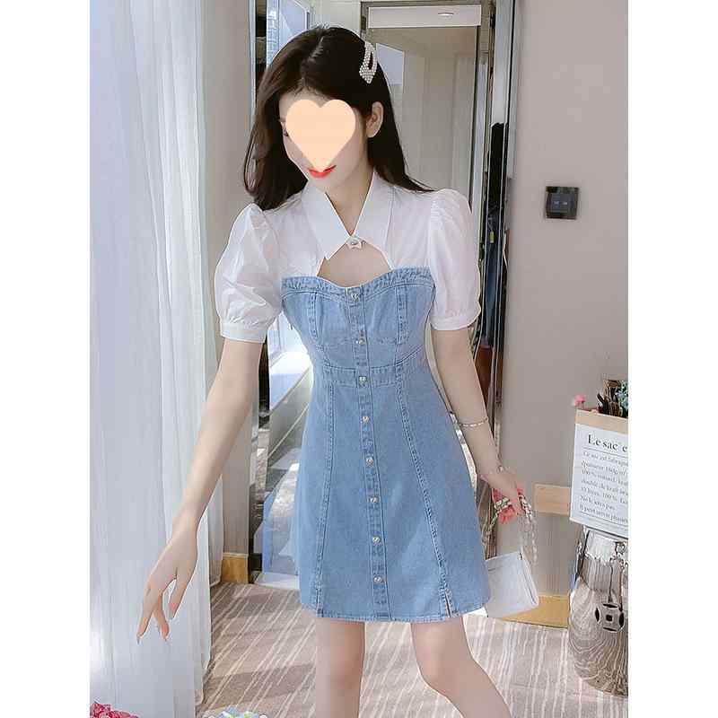 ワンピース レディース デニム 背当て風デザイン ミニ丈 半袖 パフスリーブ Aライン ゆったりサイズ ブルー系