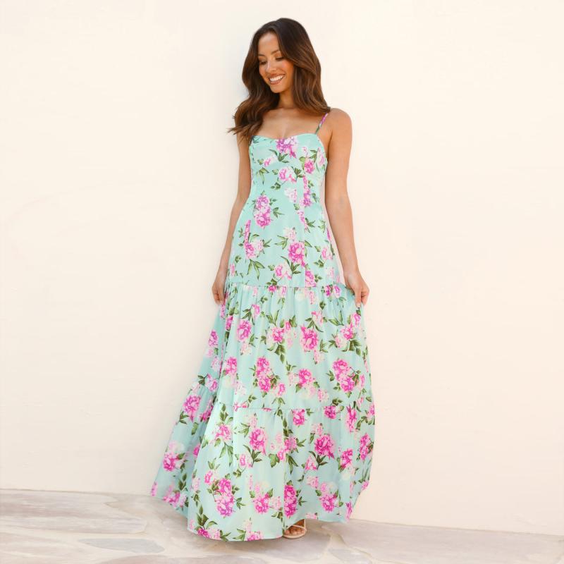 ワンピース レディース セクシー 背中開き キャミソールワンピース ボヘミアン ロングワンピース リゾート ビーチ 花柄 伸縮性 ポリエステル グリーン S M L XL Aライン Vネック ノースリーブ 民族衣装風 欧美風