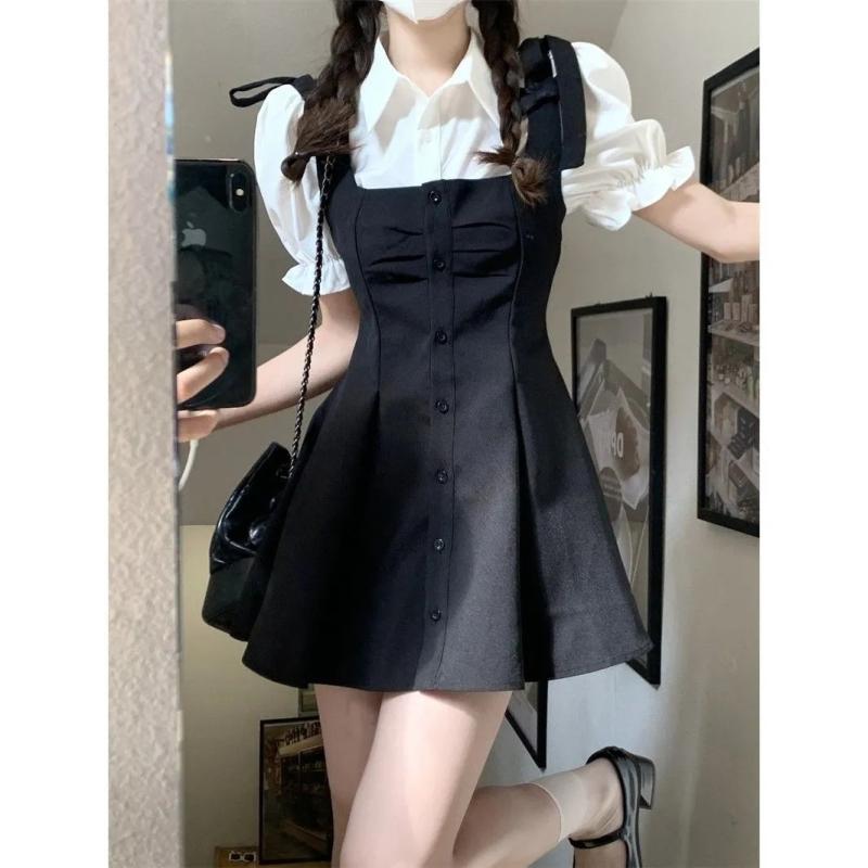 ワンピース レディース 半袖 シャツ Aライン 膝丈 チュニック 襟付き 接触冷感 高腰 泡袖 無地 切り替え 2点セット セットアップ ポリエステル かわいい ガーリー 春夏