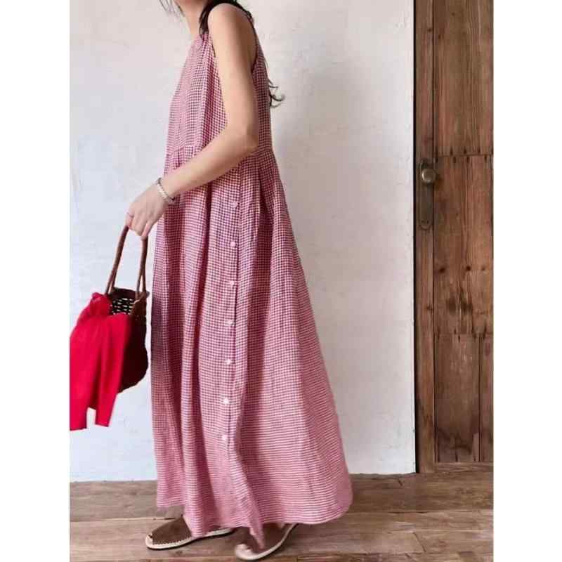ワンピース レディース 春夏 ノースリーブ Aライン ミモレ丈 膝下 ギンガムチェック 高腰 ポリエステル かわいい 清新 甜美 レッド ブルー