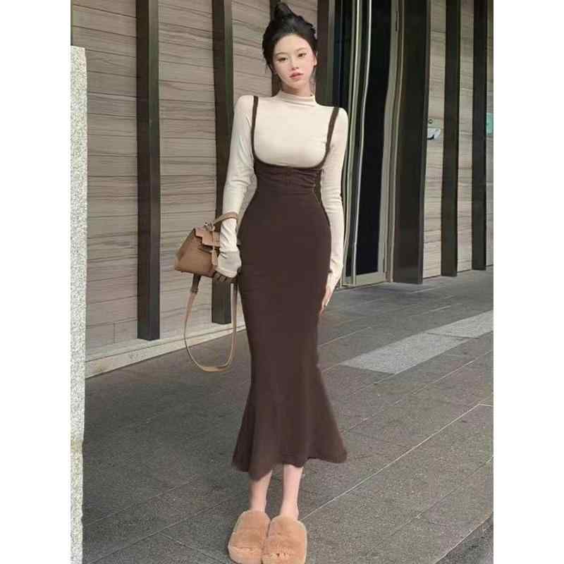 ワンピース レディース キャミソール サロペット 2点セット 膝下丈 ポリエステル 無地 長袖 トップス カットソー ストリート カジュアル 普段使い