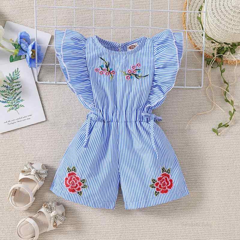ベビー 女の子 ロンパース ストライプ柄 ノースリーブ コットン 刺繍 ブルー 70cm 80cm 90cm 100cm 110cm 120cm