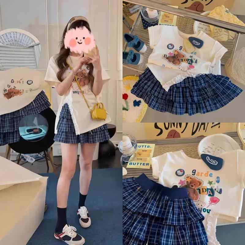子供用セットアップ 女の子 半袖Tシャツ 格子柄スカート 2点セット 薄手 夏 普段着 かわいい ガールズ 女児 キッズ ジュニアサイズ