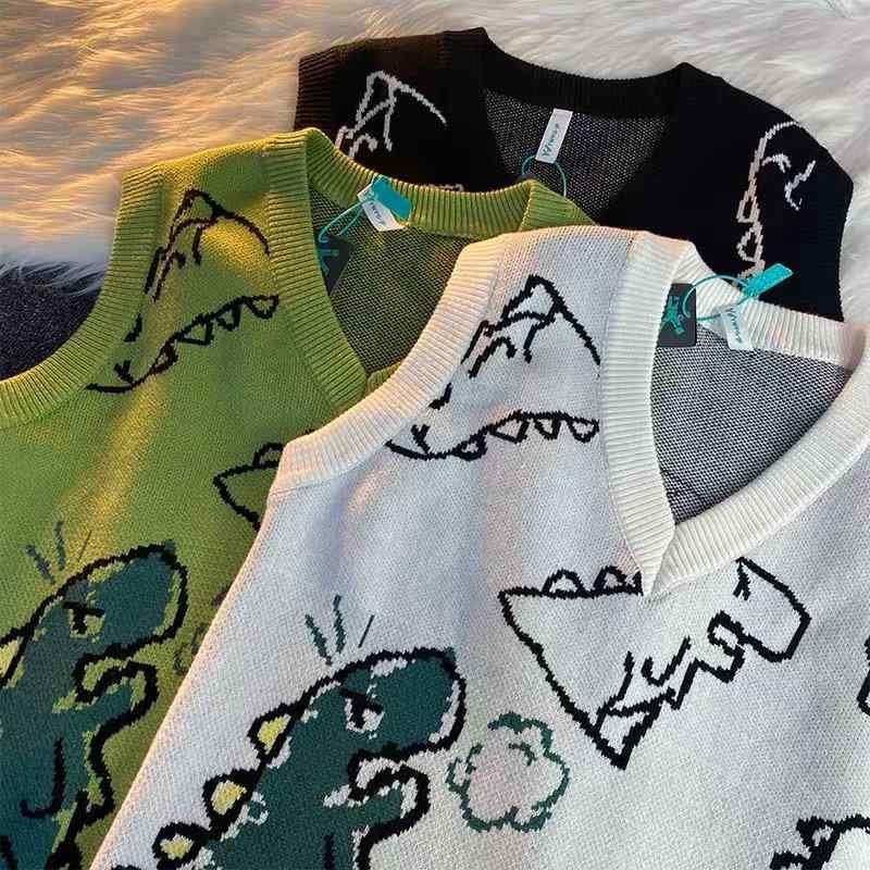 ニット メンズ Vネック カーディガン 春秋 トップス レトロ カートゥーン プリント ゆったり 長袖 韓国風 カジュアル 白 黒 緑