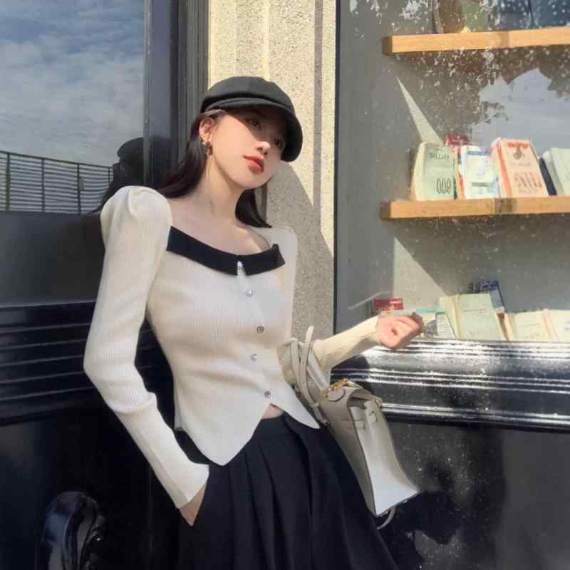 ニット レディース 秋冬 トップス 長袖 ショート丈 カーディガン 泡泡袖 パフスリーブ ポリエステル 白..