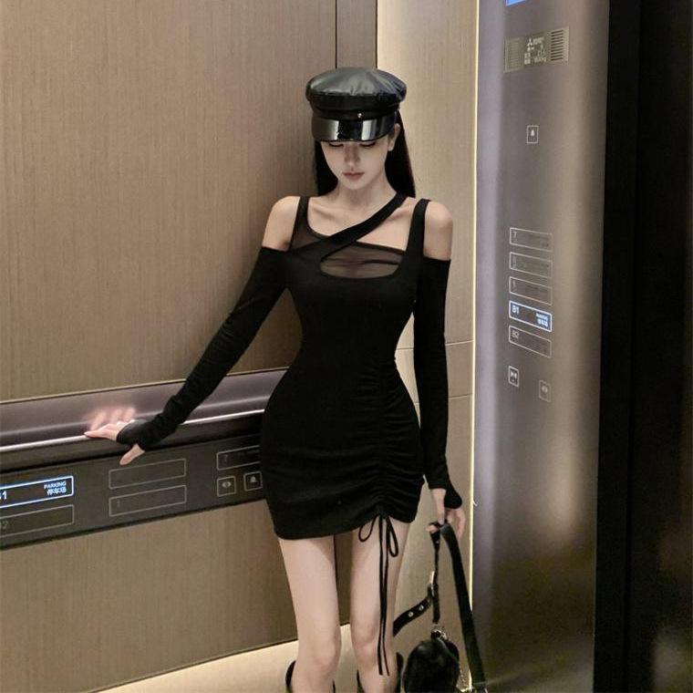 ワンピース レディース 春秋 セクシー 網紗 切り替え 不規則 肩出し 長袖 ミニ丈 高見え 黒