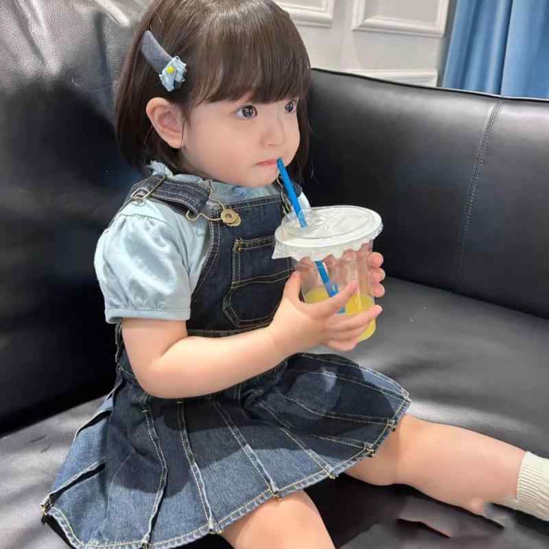子供服 女の子 Tシャツ デニム サロペットスカート セットアップ 半袖 ブルー 木耳フリル 綿100% 薄手 ..
