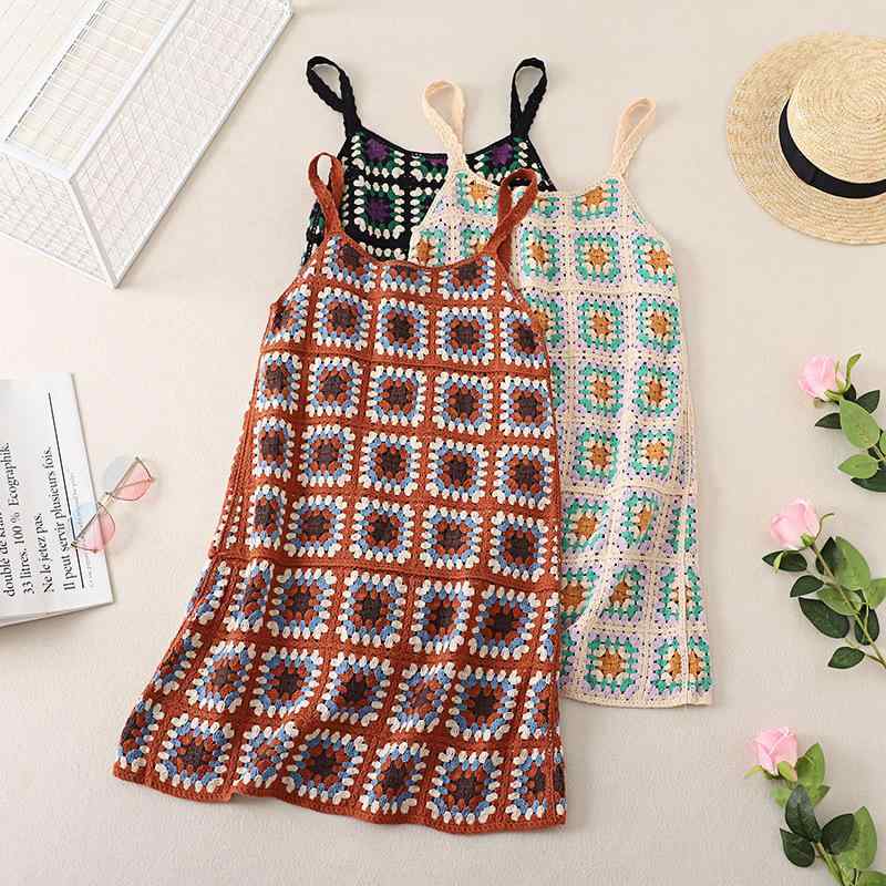 ワンピース レディース 韓国風 ノースリーブ ニット キャミソール Aライン 膝丈 幾何学模様 コットン ..