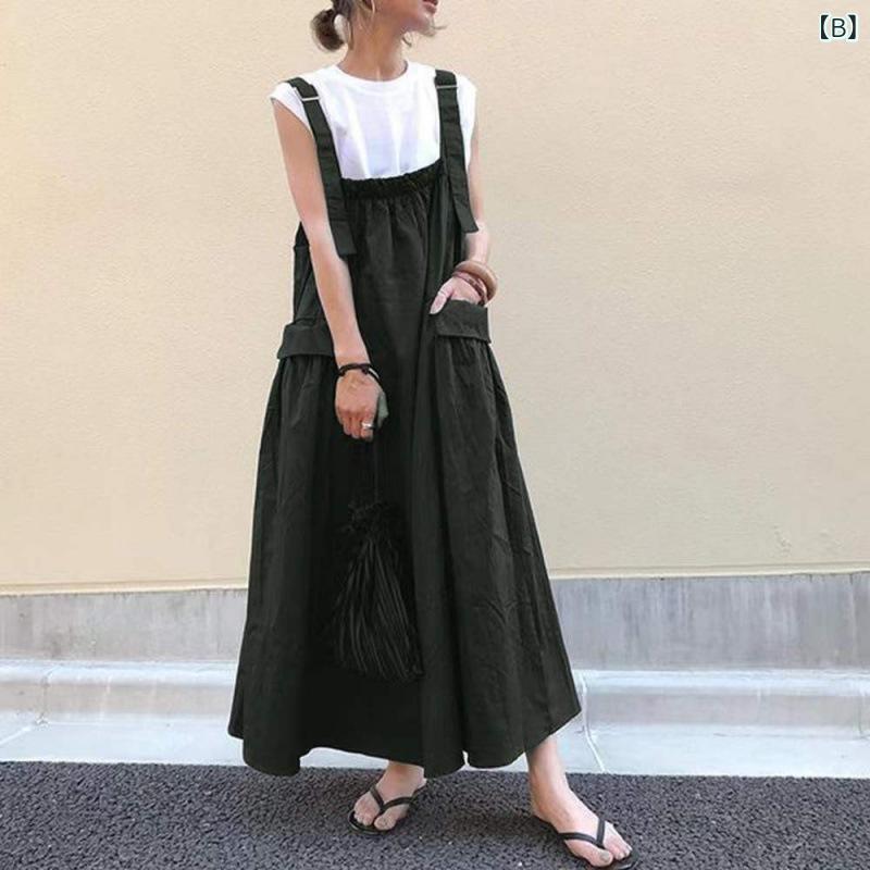 ワンピース レディース 夏 ロング 大容量ポケット付き コットン ノースリーブ Aライン 高腰 ゆったり 膝下丈 紺色 ダークブラウン 深緑 ブラック