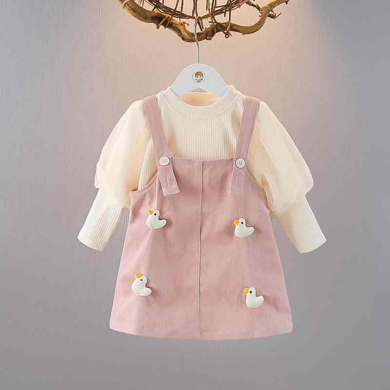 キッズ ワンピース 春秋 長袖 背当て付きスカート 上下セット 幼児 女の子 ピンク かわいい 綿