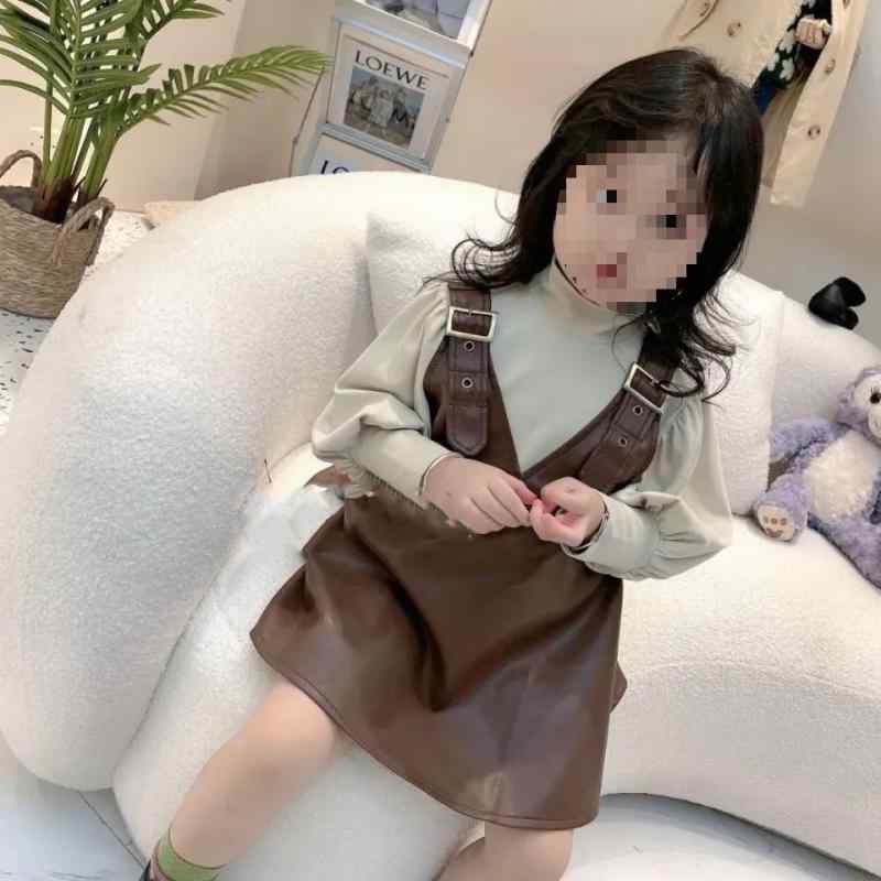 子供服 セットアップ 女の子 PUレザー サスペンダースカート ノースリーブ Aラインスカート カットソー トップス 2点セット 春秋 普段着 おしゃれ かわいい ブラック コーヒー色 80 90 100 110 120 130 140