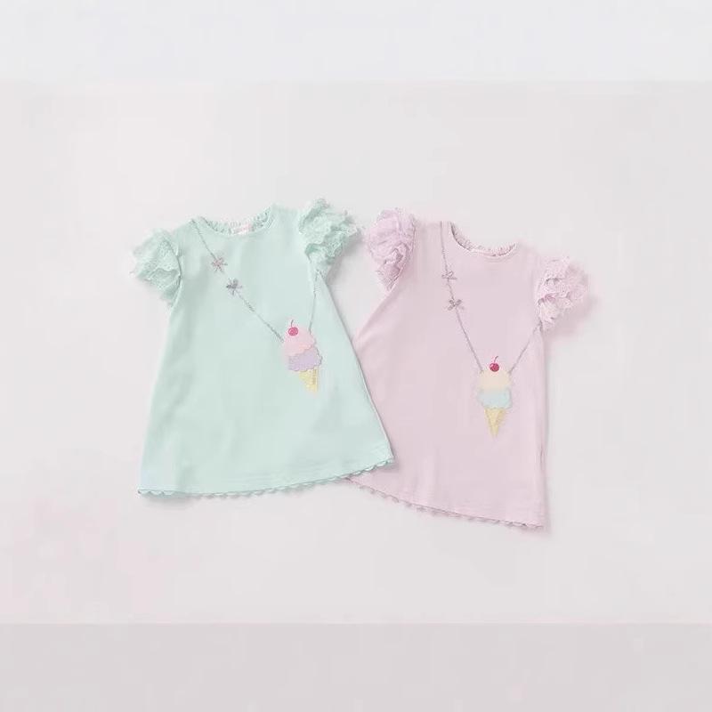 ワンピース キッズ 女の子 子供服 全綿 コットン アイスクリーム 花柄 レース 斜めがけ バッグ付き Aラ..