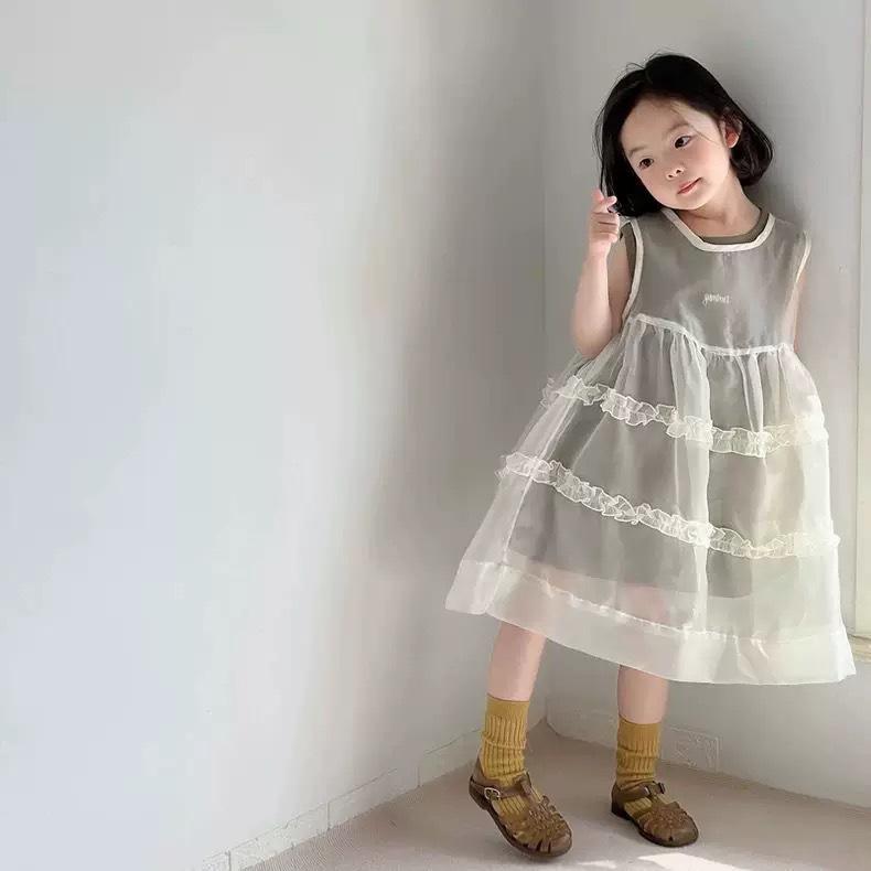 ワンピース キッズ 女の子 子供服 夏服 韓国風 背心 Aライン チュールスカート レース使い 90cm 100cm ..