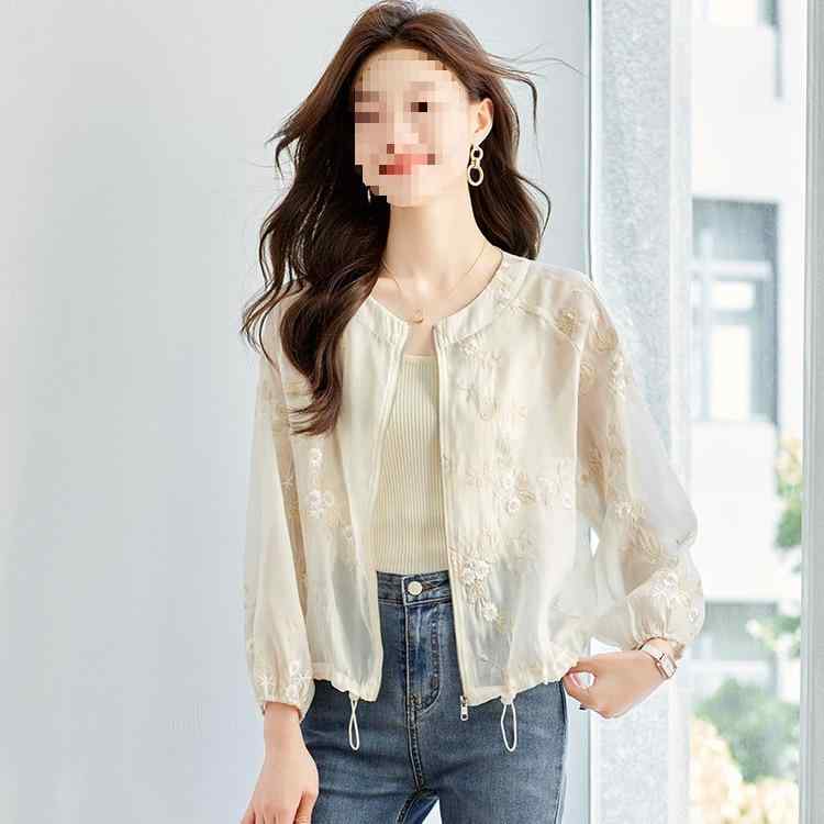 シャツ レディース 長袖 ポリエステル シフォンブラウス 薄手 カーディガン ジャケット 刺繍入り ショート丈 トップス ミセス ベージュ M L XL 2XL 春