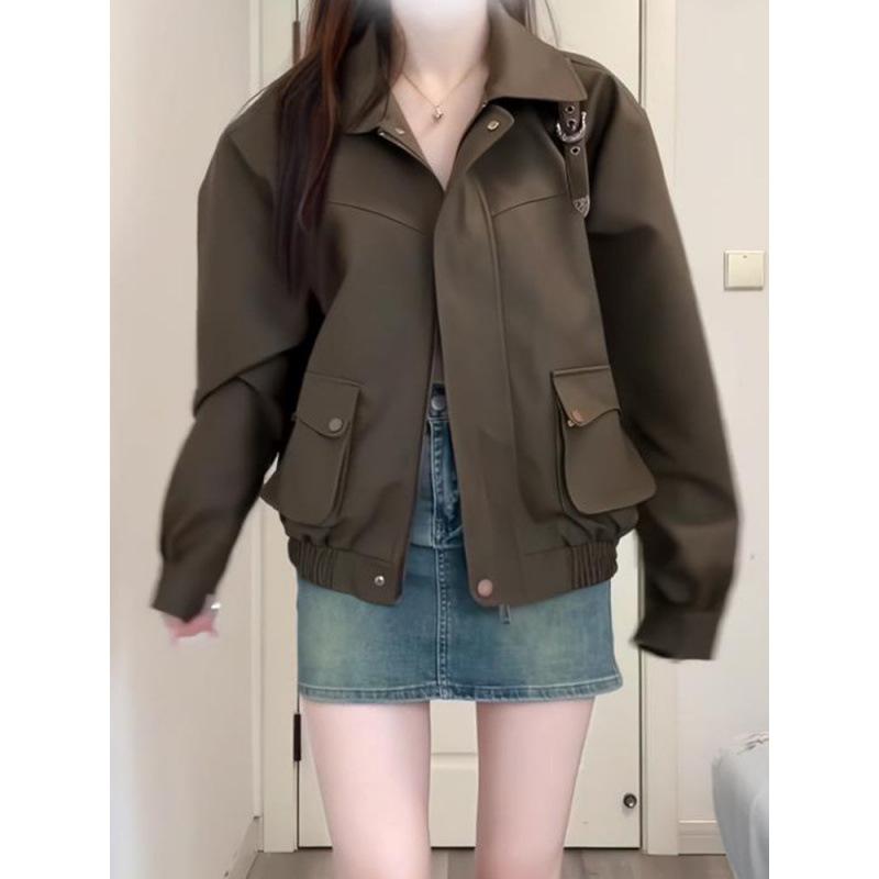 ジャケット レディース レザージャケット アウター 春秋 襟付き デザイン 銅ボタン レトロ 高級感 トッ..