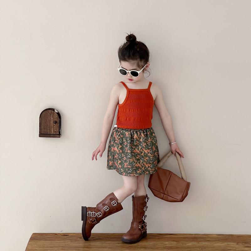 子供服 女の子 ニットキャミソール 花柄スカート 上下セット 春夏 かわいい ガールズ キッズ オレンジ ..