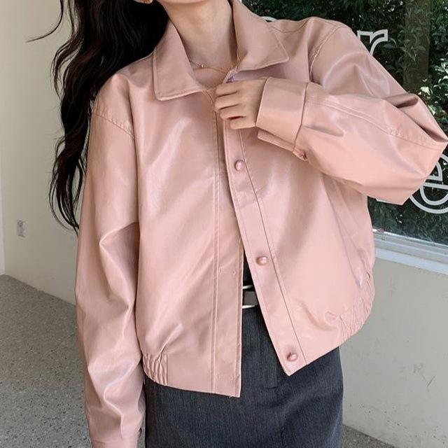ジャケット レディース 韓国風 ピンク系 PUレザー レザージャケット ショート丈 アウター カジュアル きれいめ ポロ襟 長袖 ポリエステル