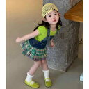 子供用セットアップ ガールズ 半袖トップス デニムスカート 2点セット 薄手 夏物 韓国風 子供服 女の子 チェック柄 普段着 かわいい