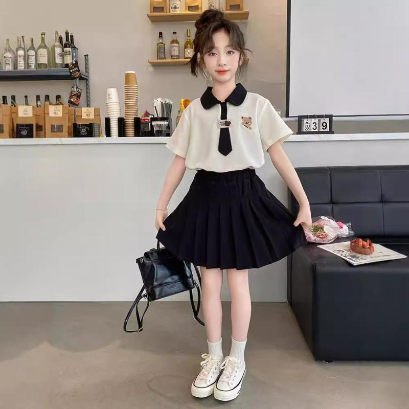 子供用セットアップ 女の子 スカート 半袖 ブラウス 上下 2点 セット キッズ カジュアル 百 褶 スカート 大 童 中 大 童 学院風 綿 120cm 130cm 140cm 150cm 160cm 170cm