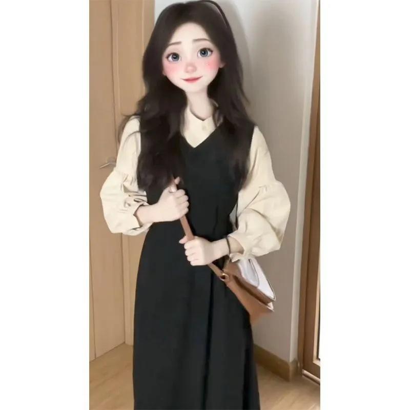 ジャンパースカート レディース 2点セット ワンピース 高見え Aライン 膝丈 ミモレ丈 清楚 上品 きれいめ 高見え 美脚 細見え ポリエステル ブラック 黒...