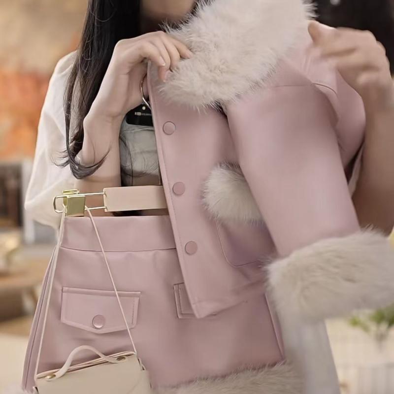 子供服 女の子 冬用 レザー風 ジャケット セットアップ 裏起毛 厚手 かわいい キッズ カジュアル アウター ミニスカート 上下 2点 セット ピンク 防寒 あったか ガールズ