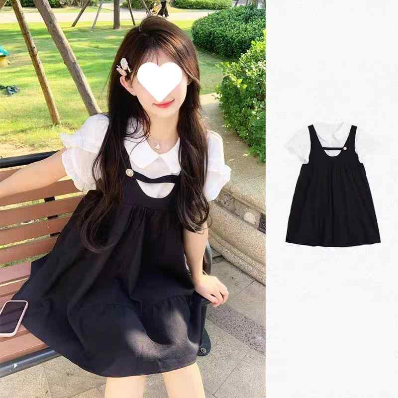 ワンピース レディース ミニ丈 半袖 パフスリーブ 襟付き Aライン チュニック ティアード 接触冷感 ブラック