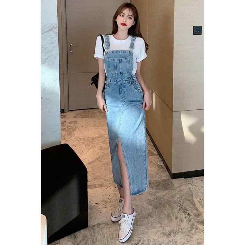 ワンピース レディース デニム ジャンパースカート 春夏 スリット Aライン 着痩せ 膝丈 ミディアム丈 普段使い street カジュアル 浅藍色 ブラック 单肩白色