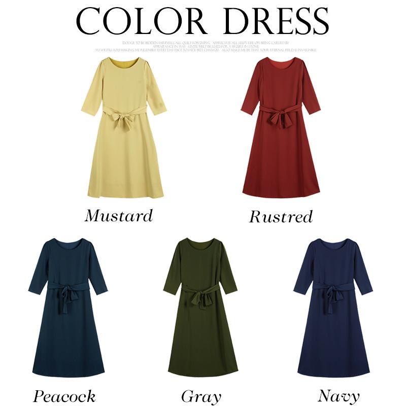 ワンピース レディース 春夏 無地 Uネック 七分袖 膝下丈 ロング丈 Aライン フレア ギャザー ゆったり ..