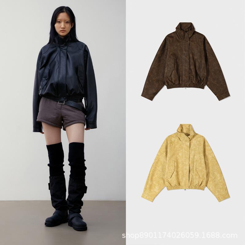 ジャケット レディース 秋冬 高襟 弧形ラグランスリーブ 色落ち加工 フェイクレザージャケット 黒 茶色 黄色 ゆったり 長袖 カジュアル