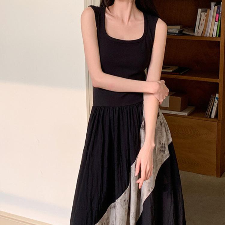 ワンピース レディース 夏 Aライン ミディ丈 高見え レトロ 配色 切り替え ノースリーブ