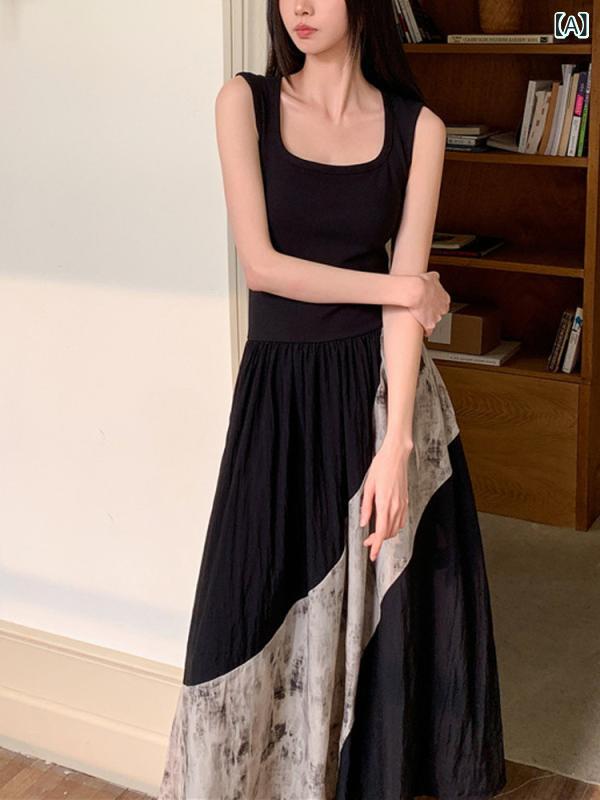 ワンピース レディース 夏 Aライン ミディ丈 高見え レトロ 配色 切り替え ノースリーブ