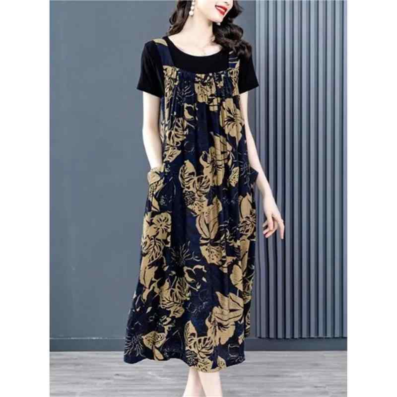 ワンピース レディース 大きいサイズ Tシャツ チュニック Aライン 背当て エプロンワンピース 2点セット ゆったりサイズ ラウンドネック 半袖 膝下丈 ロン...