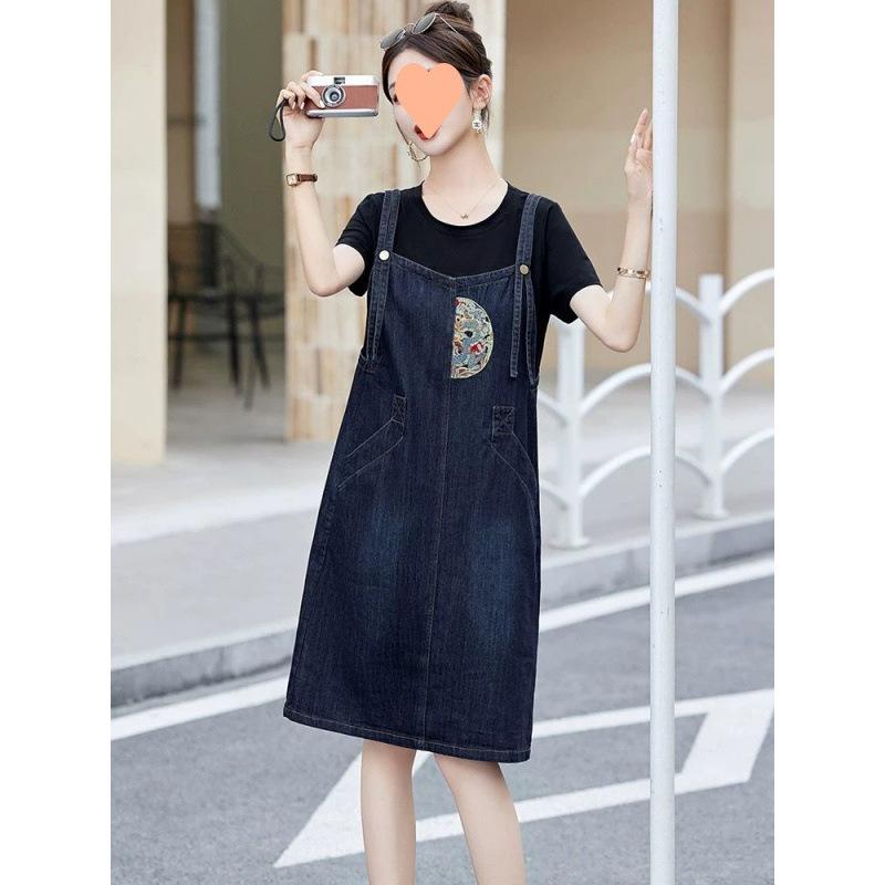 ワンピース レディース デニム Aライン 半袖 膝丈 切り替え 刺繍 ラウンドネック ストリート カジュアル デニムブルー ポリエステル