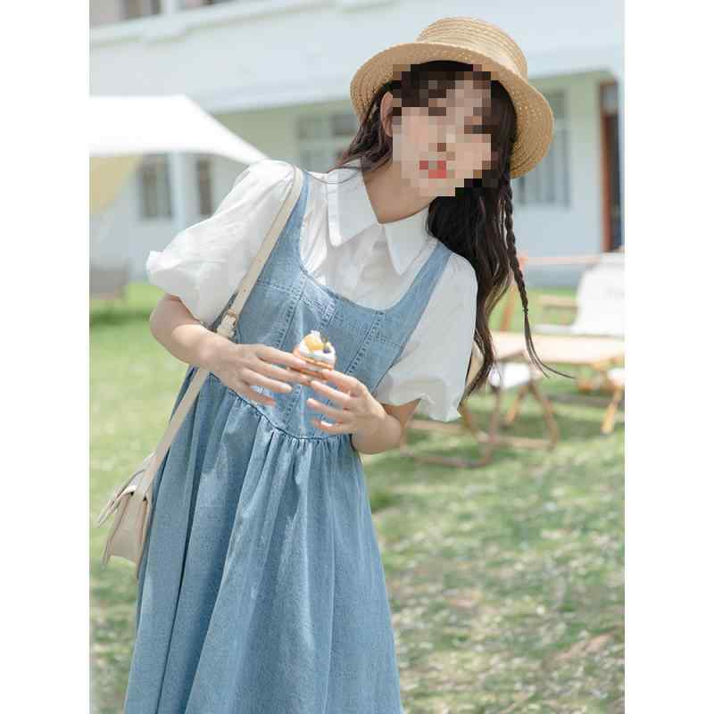 ワンピース レディース デニム 半袖 膝丈 Aライン プリンセスライン ポロネック 切り替え ショートパフスリーブ ブルー ストリート カジュアル 春夏